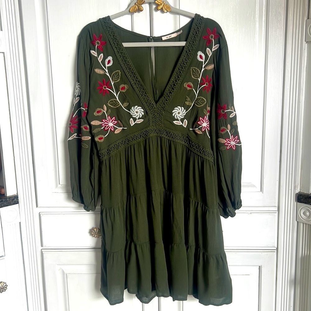 Olive green Embroidered dress by Mi Ami